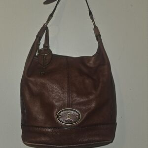 Vintage Fossil Maddox Brown Leather Bucket Shoulder Bag Slouch + Matching Wallet